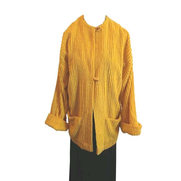 Back Street Long Jacket Sz L Yellow Sparkle CHENILE CORDUROY Bamboo Button Luxe - Picture 1 of 16